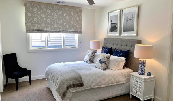 Guest Bedroom 1. Custom Roman Blind & Bedhead in Mont Albert